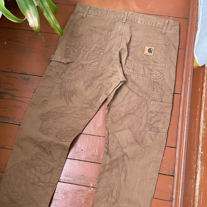 Custom Carhartt Dragon Pants – Faded Brown Canvas with Bleached Mythical Beast Art | Vintage Workwear 1 of 1