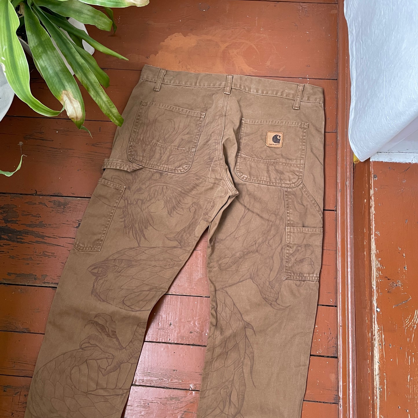 Custom Carhartt Dragon Pants – Faded Brown Canvas with Bleached Mythical Beast Art | Vintage Workwear 1 of 1