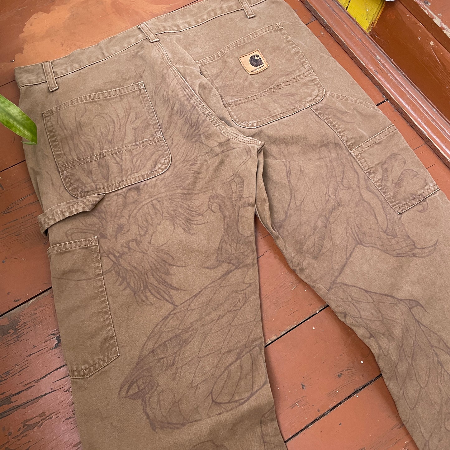 Custom Carhartt Dragon Pants – Faded Brown Canvas with Bleached Mythical Beast Art | Vintage Workwear 1 of 1