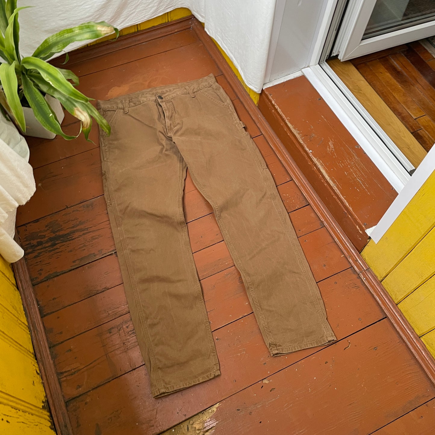 Custom Carhartt Dragon Pants – Faded Brown Canvas with Bleached Mythical Beast Art | Vintage Workwear 1 of 1