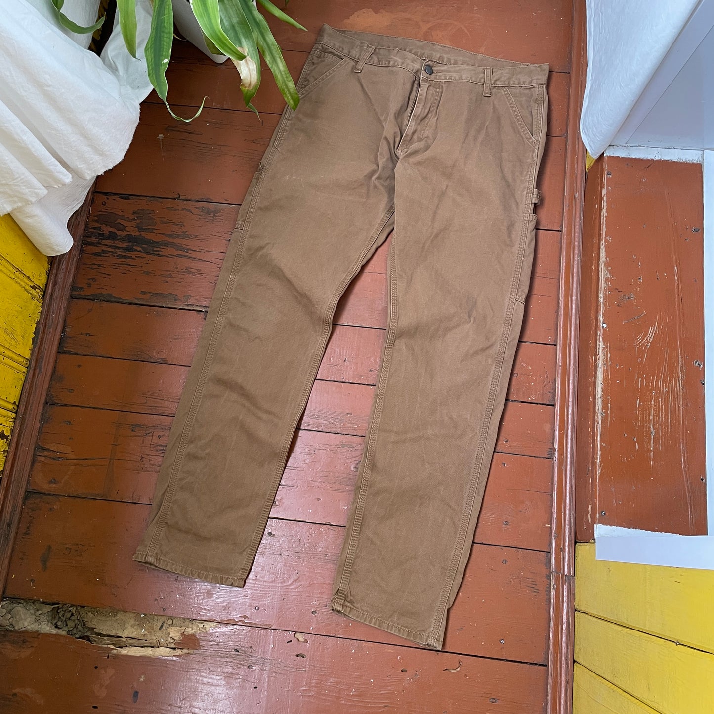 Custom Carhartt Dragon Pants – Faded Brown Canvas with Bleached Mythical Beast Art | Vintage Workwear 1 of 1