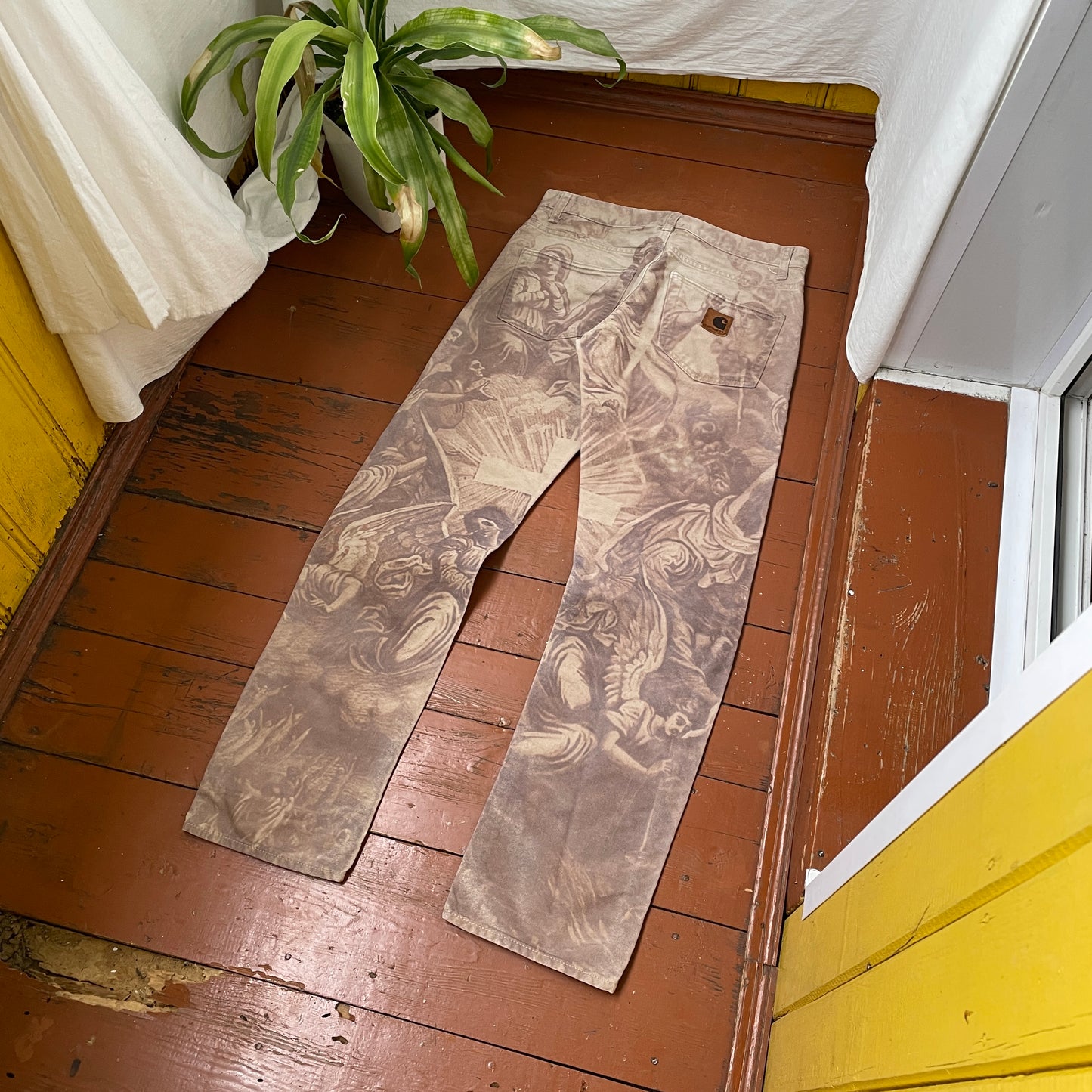 Custom Carhartt Angel Pants – Bleached Renaissance Religious Art on Brown Canvas | Vintage Workwear 1 of 1