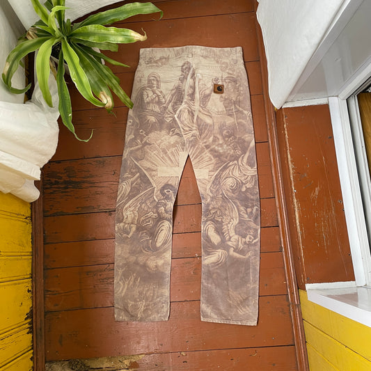Custom Carhartt Angel Pants – Bleached Renaissance Religious Art on Brown Canvas | Vintage Workwear 1 of 1