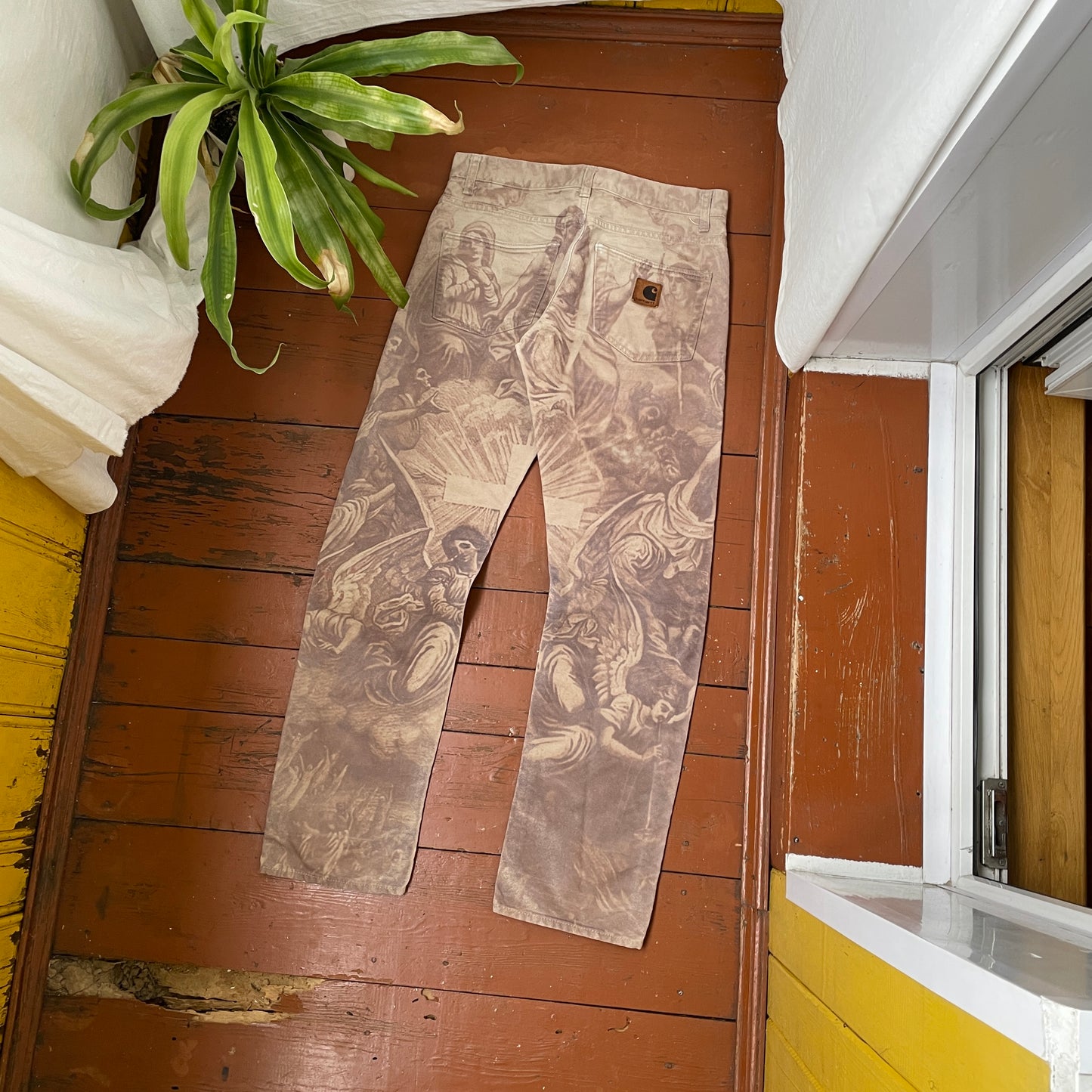 Custom Carhartt Angel Pants – Bleached Renaissance Religious Art on Brown Canvas | Vintage Workwear 1 of 1