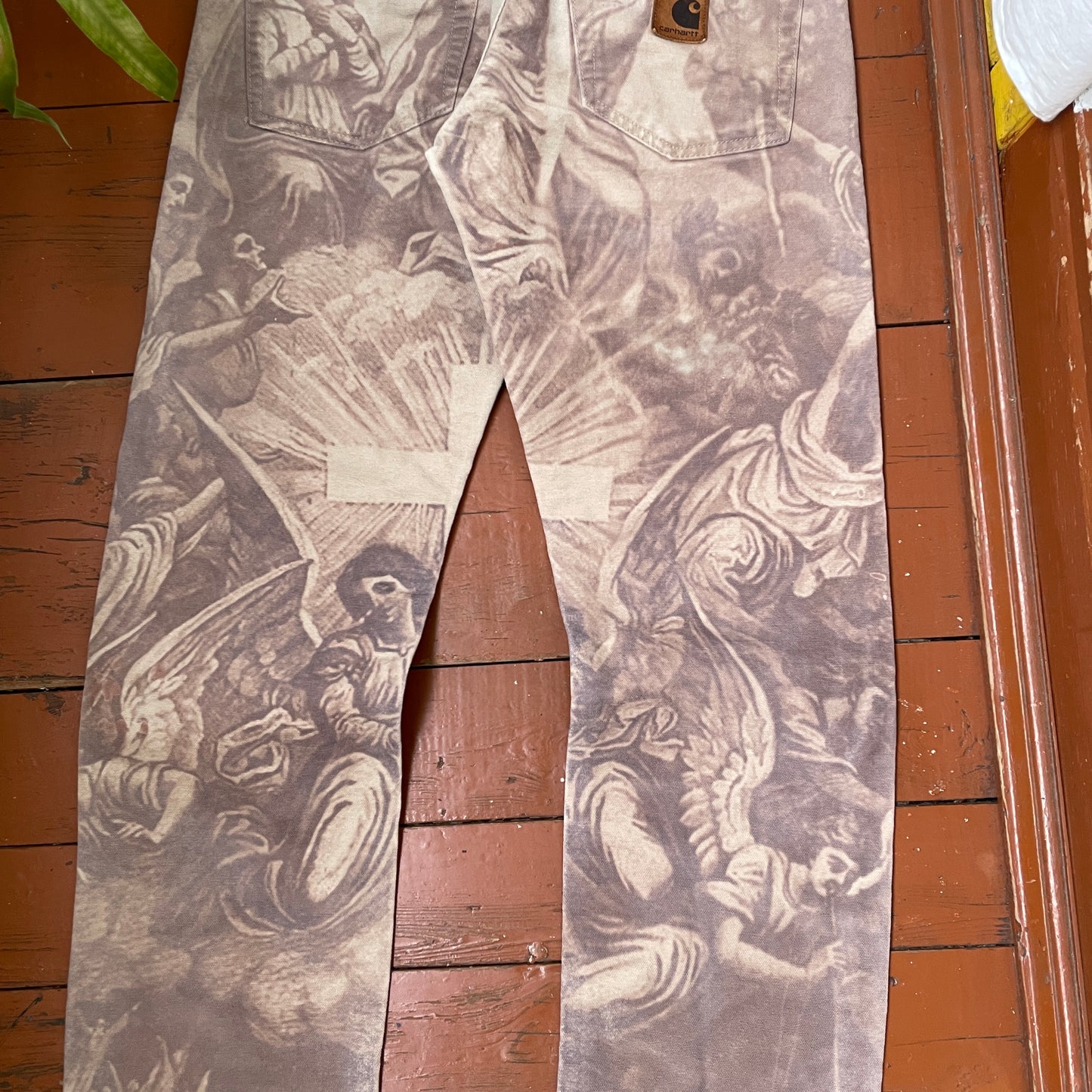 Custom Carhartt Angel Pants – Bleached Renaissance Religious Art on Brown Canvas | Vintage Workwear 1 of 1