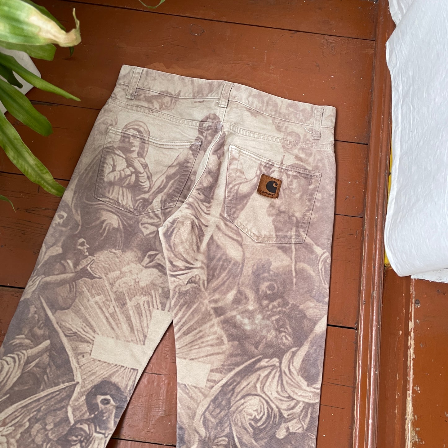 Custom Carhartt Angel Pants – Bleached Renaissance Religious Art on Brown Canvas | Vintage Workwear 1 of 1