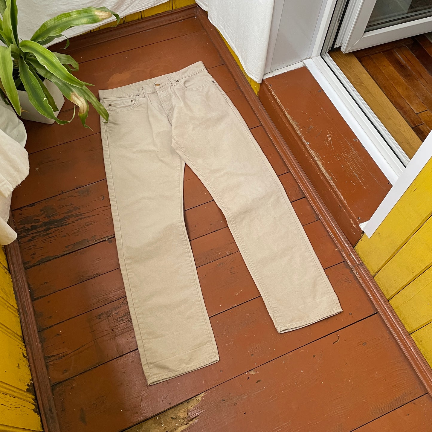 Custom Carhartt Angel Pants – Bleached Renaissance Religious Art on Brown Canvas | Vintage Workwear 1 of 1
