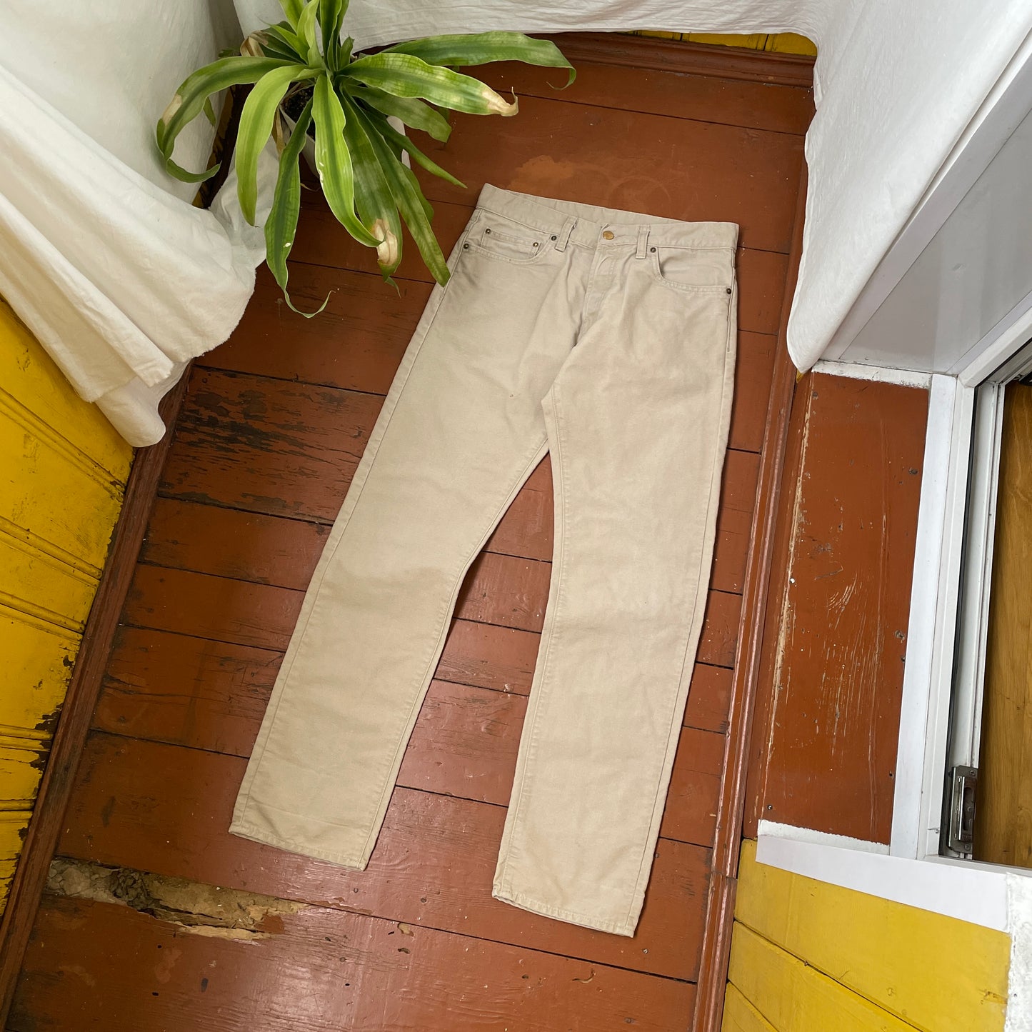 Custom Carhartt Angel Pants – Bleached Renaissance Religious Art on Brown Canvas | Vintage Workwear 1 of 1