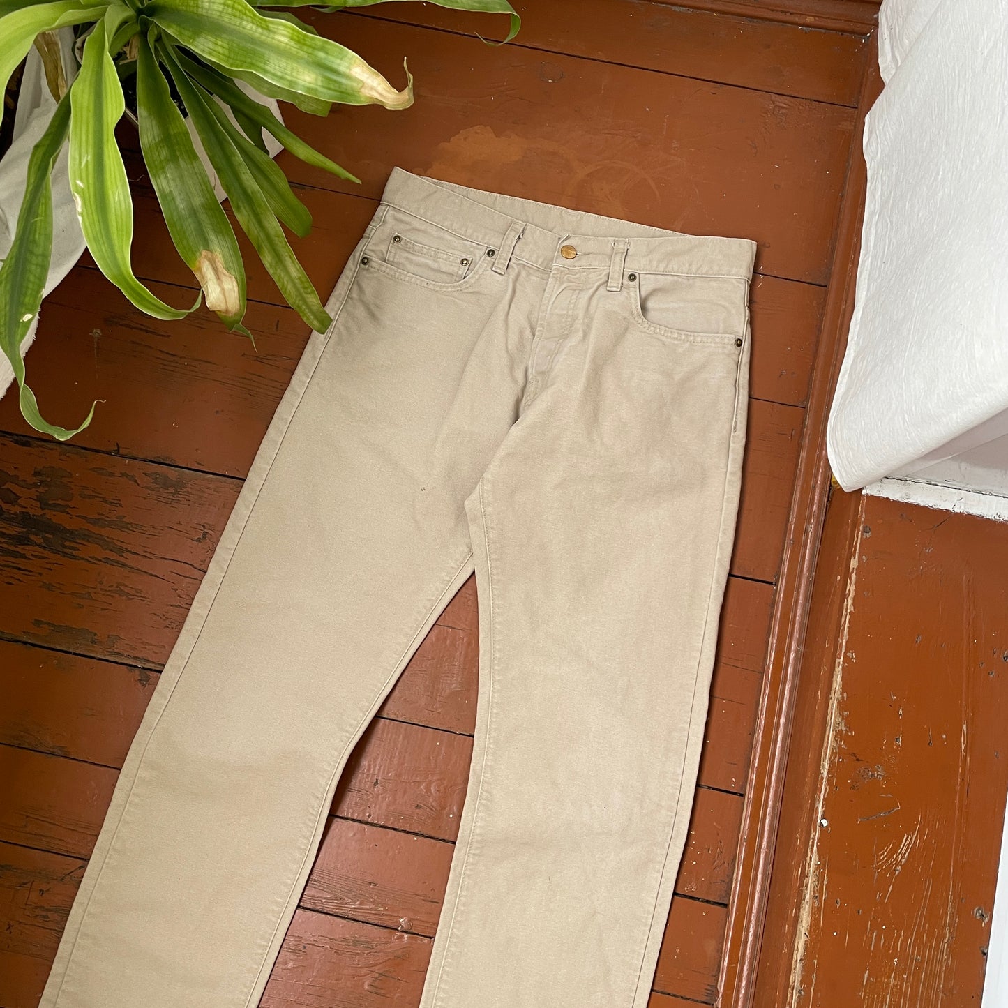 Custom Carhartt Angel Pants – Bleached Renaissance Religious Art on Brown Canvas | Vintage Workwear 1 of 1