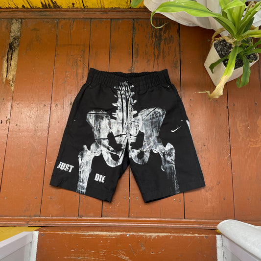 Custom Nike Bone Shorts – Handprinted White Bone Art on Black | Vintage Grunge
