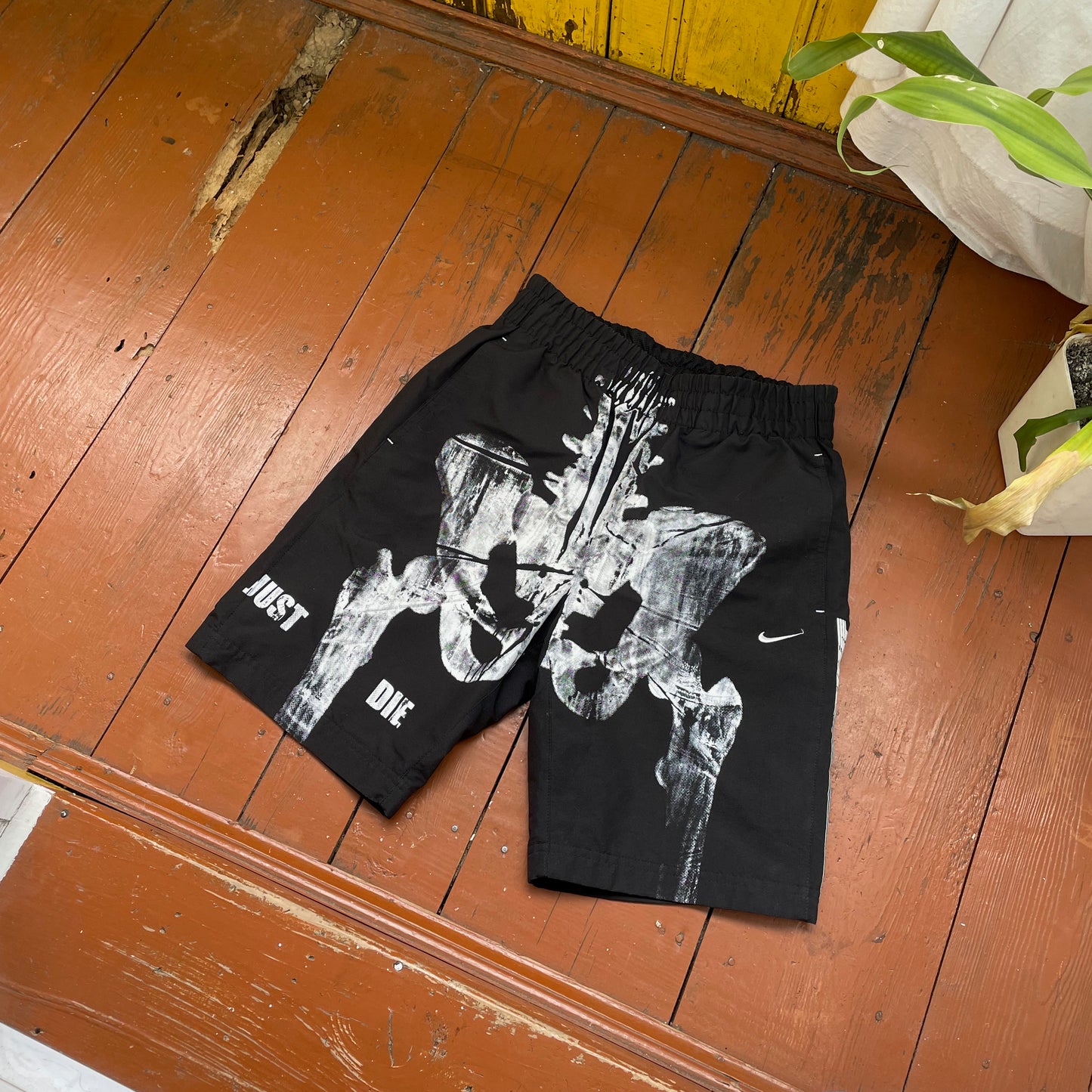 Custom Nike Bone Shorts – Handprinted White Bone Art on Black | Vintage Grunge