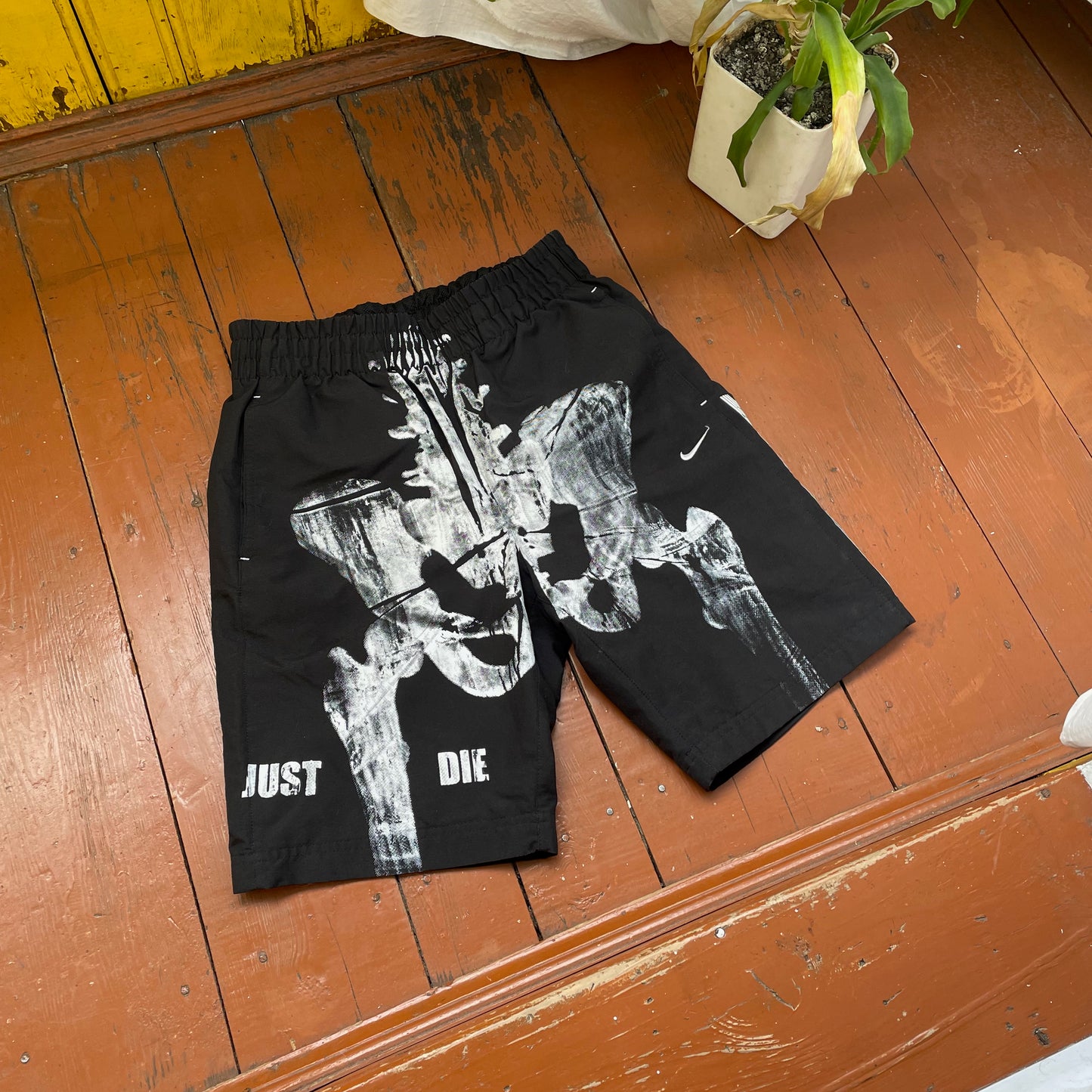 Custom Nike Bone Shorts – Handprinted White Bone Art on Black | Vintage Grunge