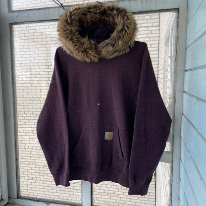 Custom Carhartt Fur Hoodie – Burgundy Speckled with Faux Fur Hood | Vintage Workwear Grunge