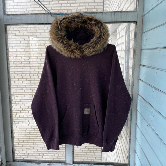 Custom Carhartt Fur Hoodie – Burgundy Speckled with Faux Fur Hood | Vintage Workwear Grunge