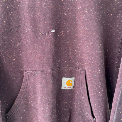 Custom Carhartt Fur Hoodie – Burgundy Speckled with Faux Fur Hood | Vintage Workwear Grunge