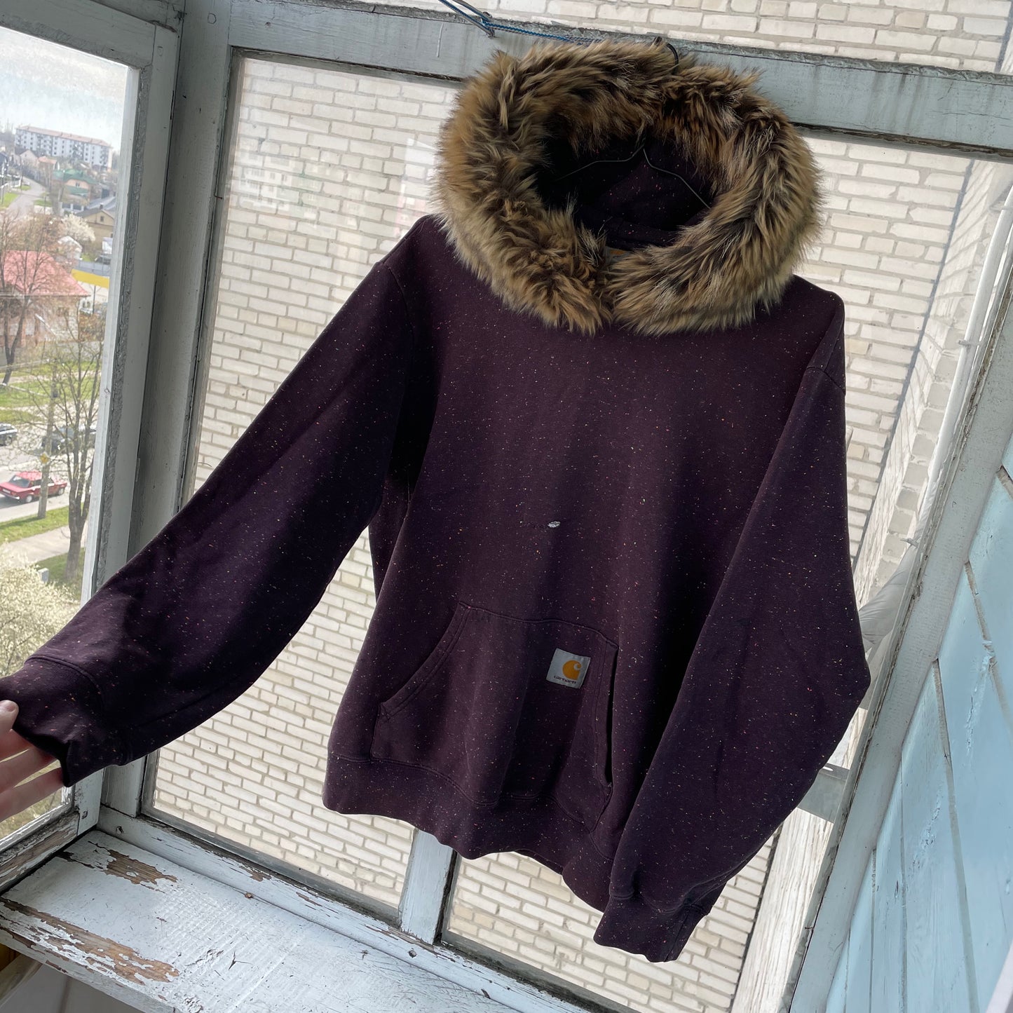Custom Carhartt Fur Hoodie – Burgundy Speckled with Faux Fur Hood | Vintage Workwear Grunge