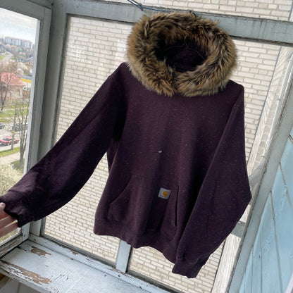 Custom Carhartt Fur Hoodie – Burgundy Speckled with Faux Fur Hood | Vintage Workwear Grunge