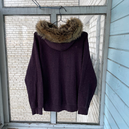 Custom Carhartt Fur Hoodie – Burgundy Speckled with Faux Fur Hood | Vintage Workwear Grunge