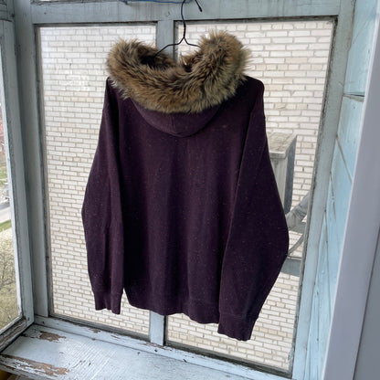 Custom Carhartt Fur Hoodie – Burgundy Speckled with Faux Fur Hood | Vintage Workwear Grunge