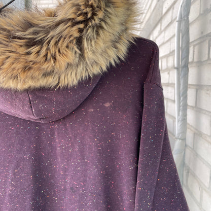 Custom Carhartt Fur Hoodie – Burgundy Speckled with Faux Fur Hood | Vintage Workwear Grunge