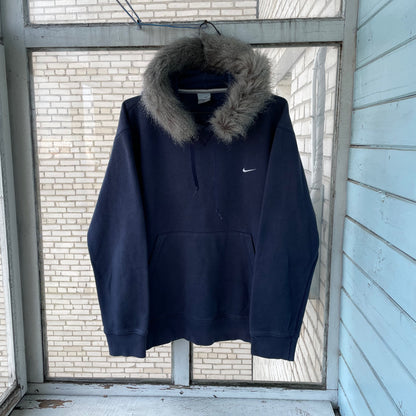 Custom Nike Fur Hoodie – Navy Blue Vintage Swoosh with Faux Fur Hood | Y2K Grunge