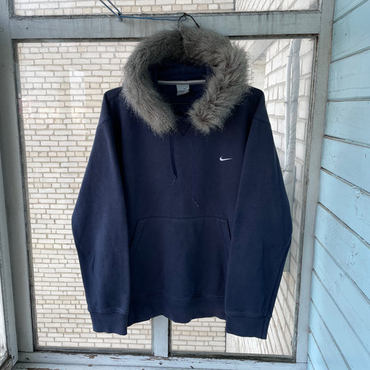 Custom Nike Fur Hoodie – Navy Blue Vintage Swoosh with Faux Fur Hood | Y2K Grunge