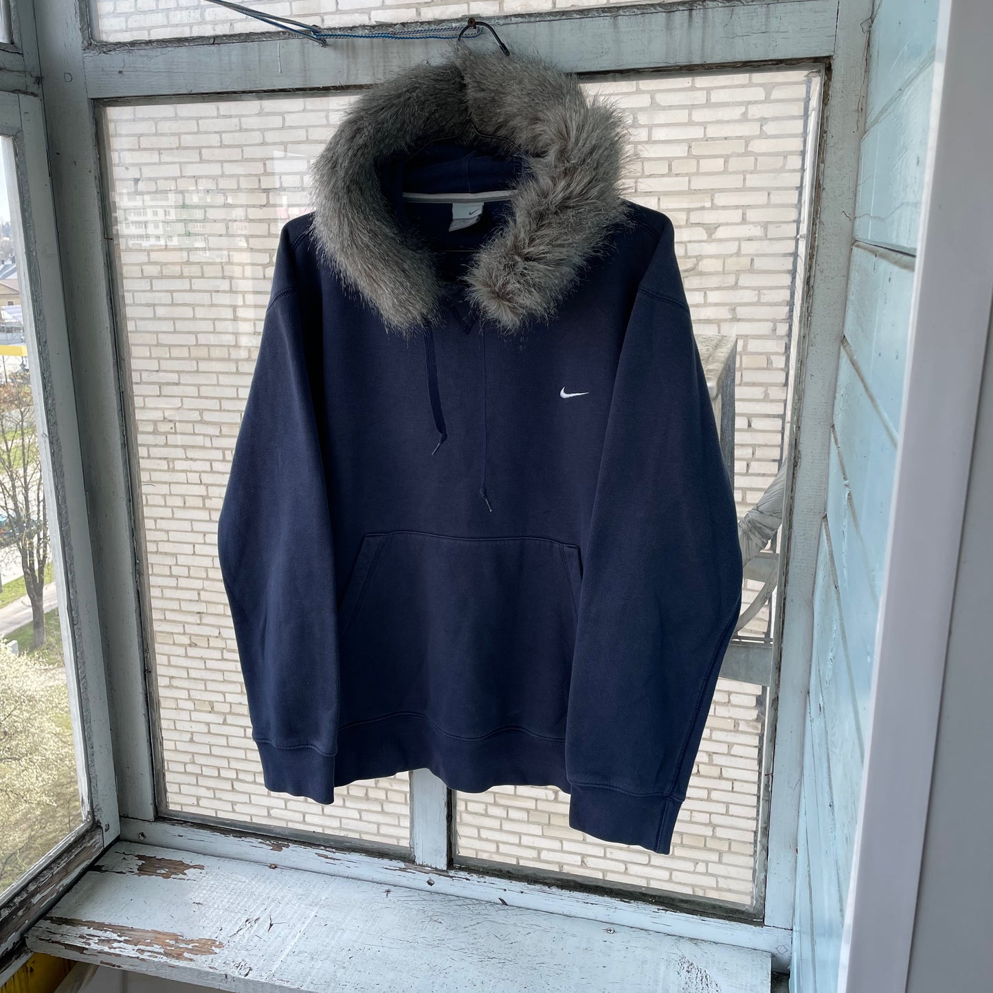 Custom Nike Fur Hoodie – Navy Blue Vintage Swoosh with Faux Fur Hood | Y2K Grunge
