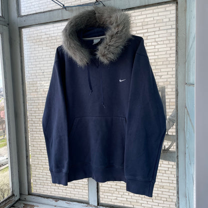 Custom Nike Fur Hoodie – Navy Blue Vintage Swoosh with Faux Fur Hood | Y2K Grunge