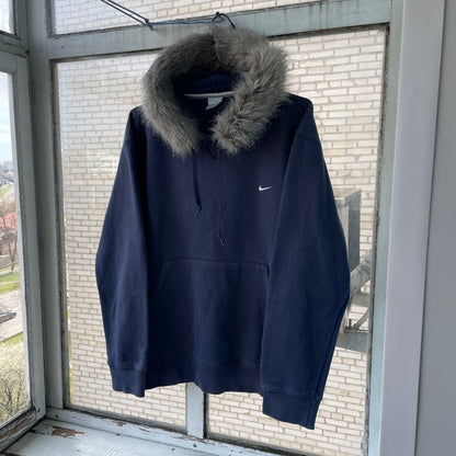 Custom Nike Fur Hoodie – Navy Blue Vintage Swoosh with Faux Fur Hood | Y2K Grunge