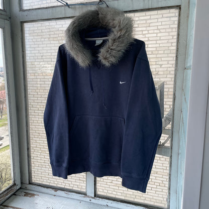 Custom Nike Fur Hoodie – Navy Blue Vintage Swoosh with Faux Fur Hood | Y2K Grunge