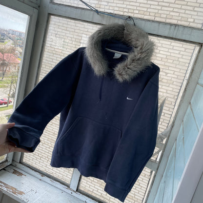Custom Nike Fur Hoodie – Navy Blue Vintage Swoosh with Faux Fur Hood | Y2K Grunge