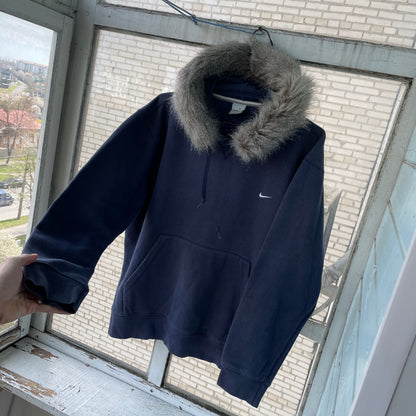 Custom Nike Fur Hoodie – Navy Blue Vintage Swoosh with Faux Fur Hood | Y2K Grunge