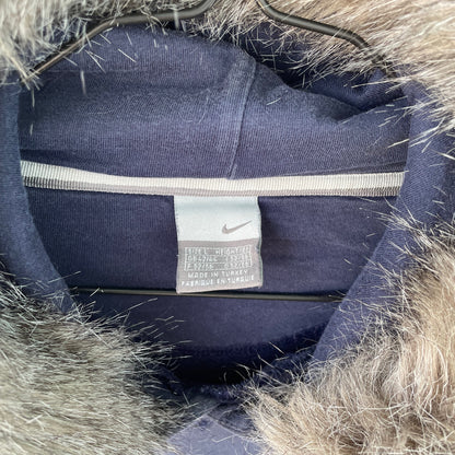 Custom Nike Fur Hoodie – Navy Blue Vintage Swoosh with Faux Fur Hood | Y2K Grunge