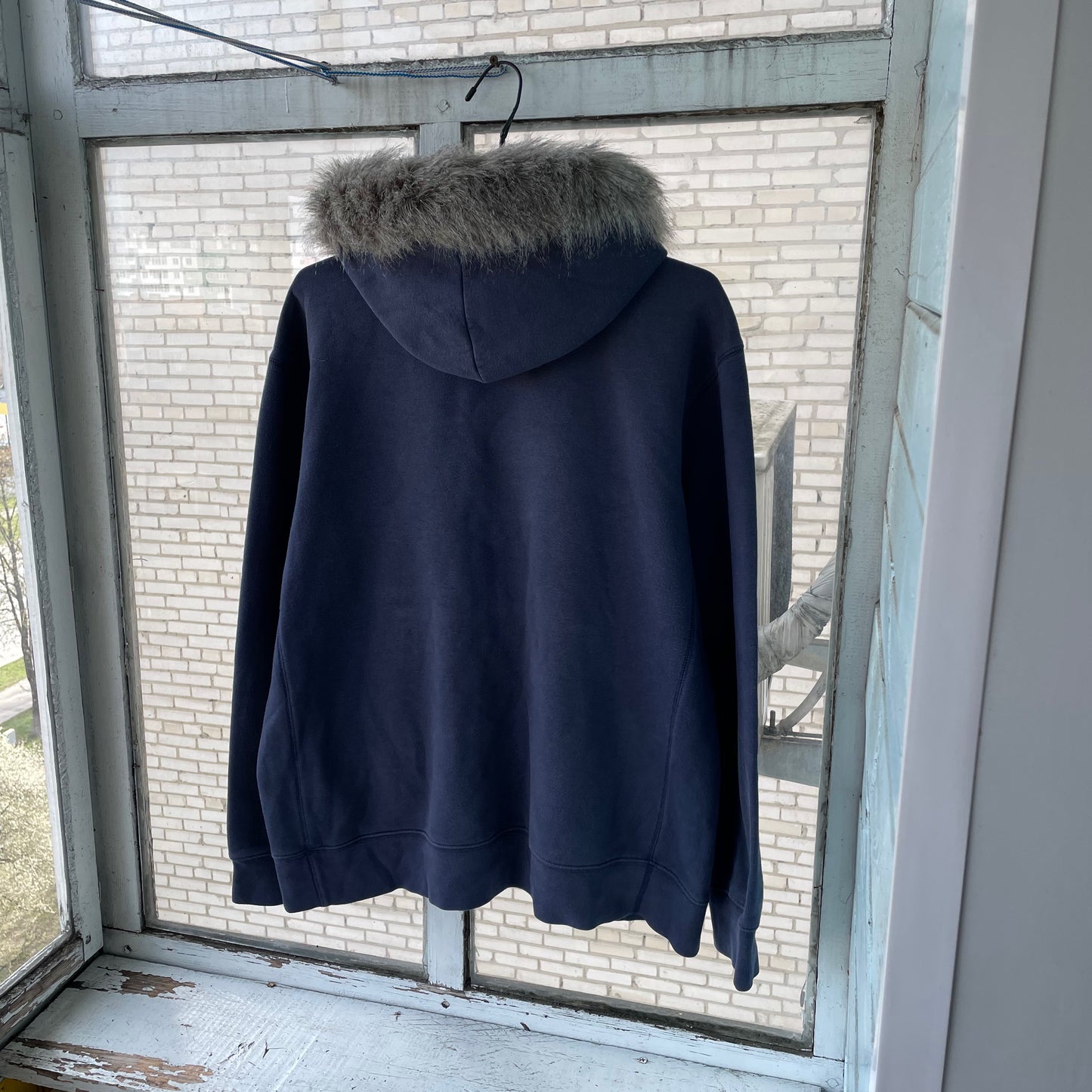 Custom Nike Fur Hoodie – Navy Blue Vintage Swoosh with Faux Fur Hood | Y2K Grunge