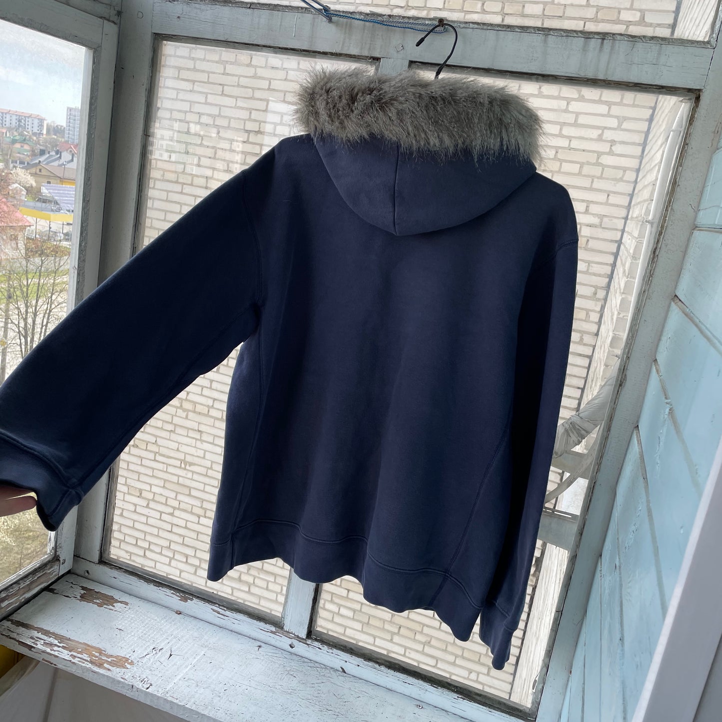 Custom Nike Fur Hoodie – Navy Blue Vintage Swoosh with Faux Fur Hood | Y2K Grunge