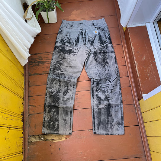 Custom Carhartt Grey Double Knee Work Pants – Grunge Distressed Bleached Effect | Vintage Workwear 1 of 1