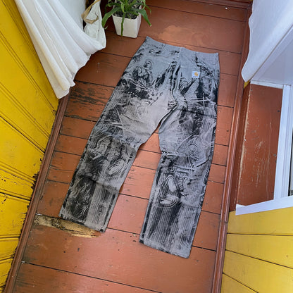 Custom Carhartt Grey Double Knee Work Pants – Grunge Distressed Bleached Effect | Vintage Workwear 1 of 1