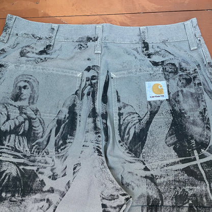 Custom Carhartt Grey Double Knee Work Pants – Grunge Distressed Bleached Effect | Vintage Workwear 1 of 1