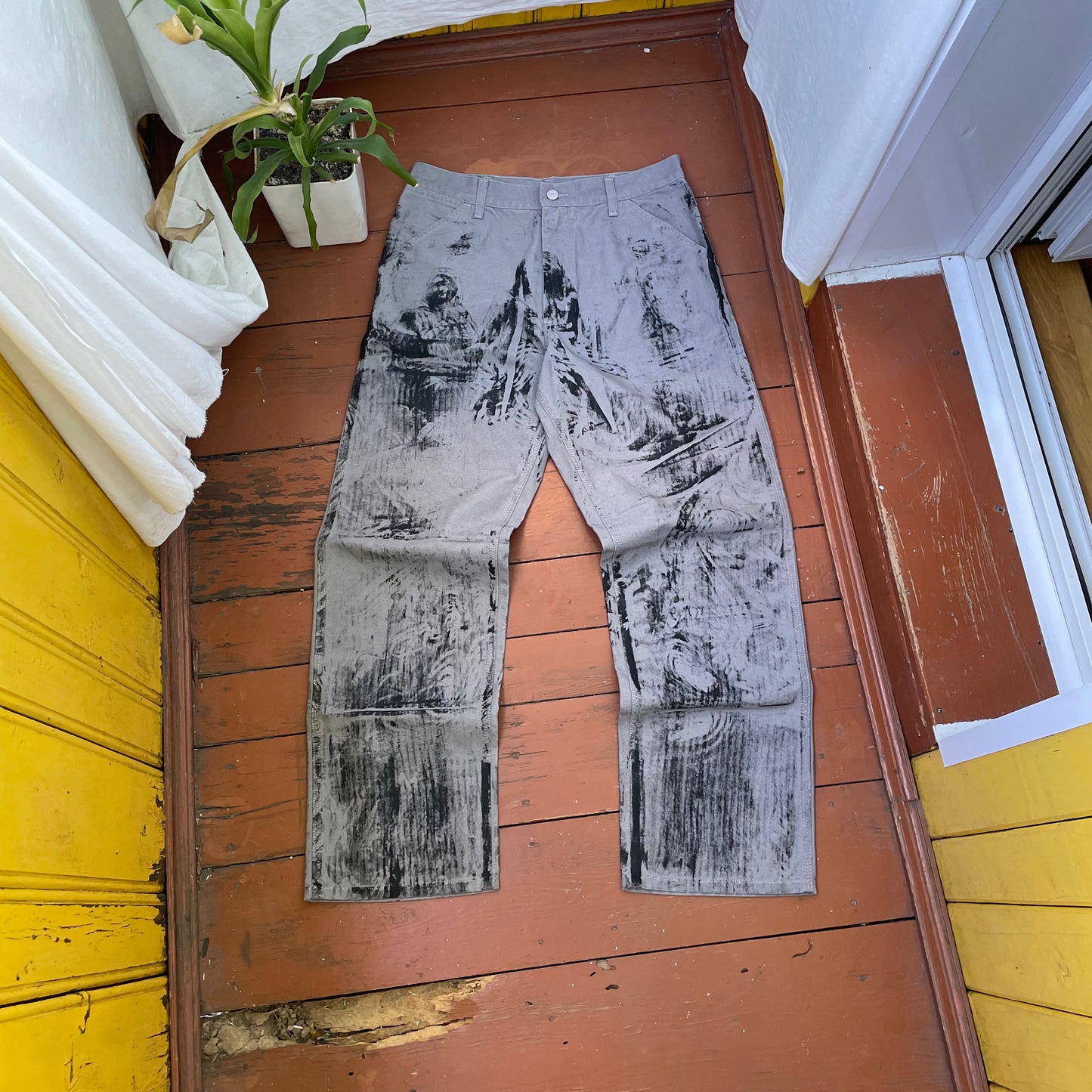 Custom Carhartt Grey Double Knee Work Pants – Grunge Distressed Bleached Effect | Vintage Workwear 1 of 1