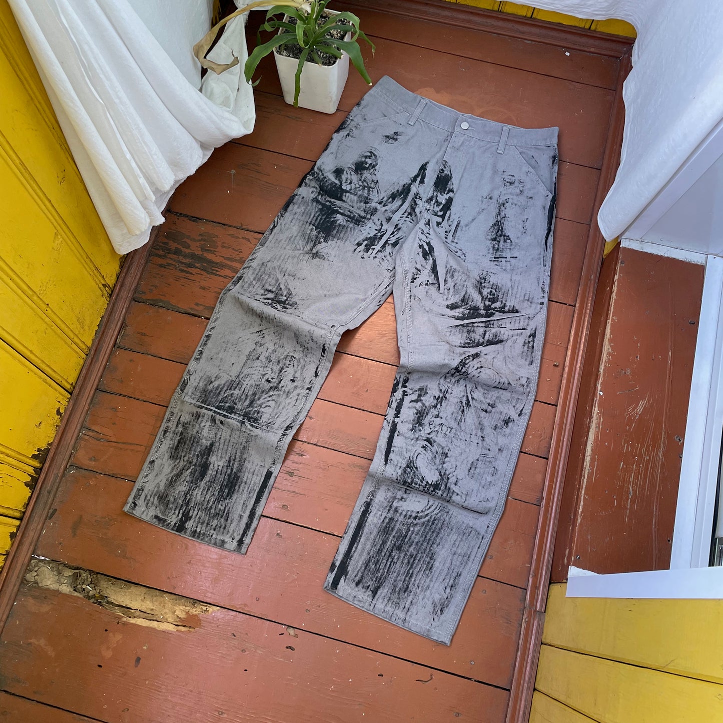 Custom Carhartt Grey Double Knee Work Pants – Grunge Distressed Bleached Effect | Vintage Workwear 1 of 1
