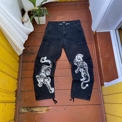 Custom Carhartt Black Cargo Pants – White Twin Tigers Print | Vintage Workwear 1 of 1