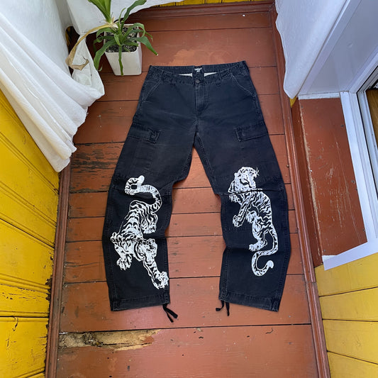 Custom Carhartt Black Cargo Pants – White Twin Tigers Print | Vintage Workwear 1 of 1