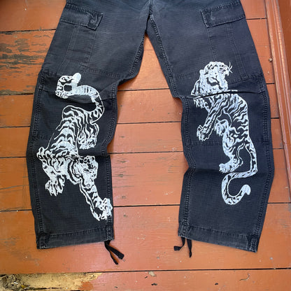 Custom Carhartt Black Cargo Pants – White Twin Tigers Print | Vintage Workwear 1 of 1