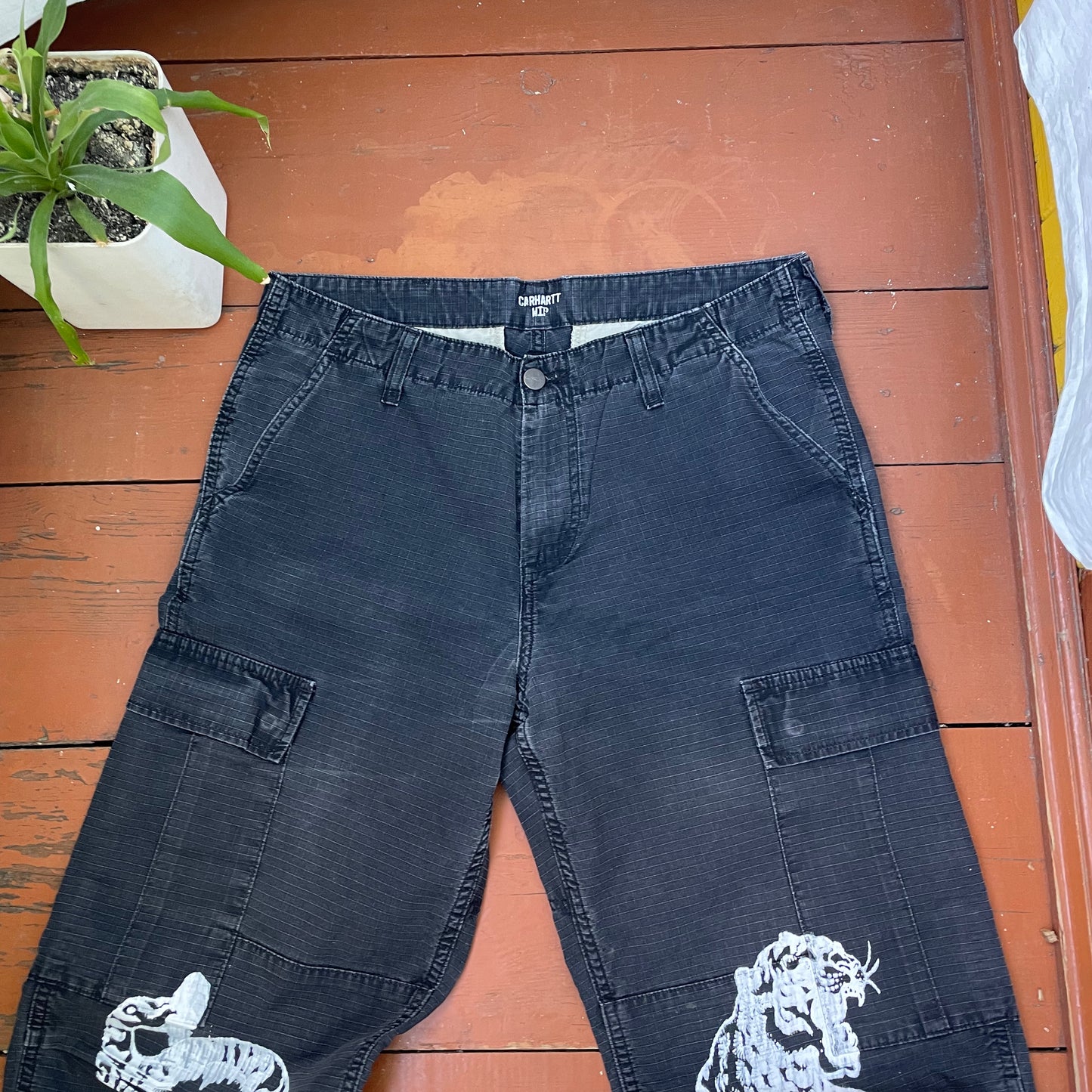 Custom Carhartt Black Cargo Pants – White Twin Tigers Print | Vintage Workwear 1 of 1