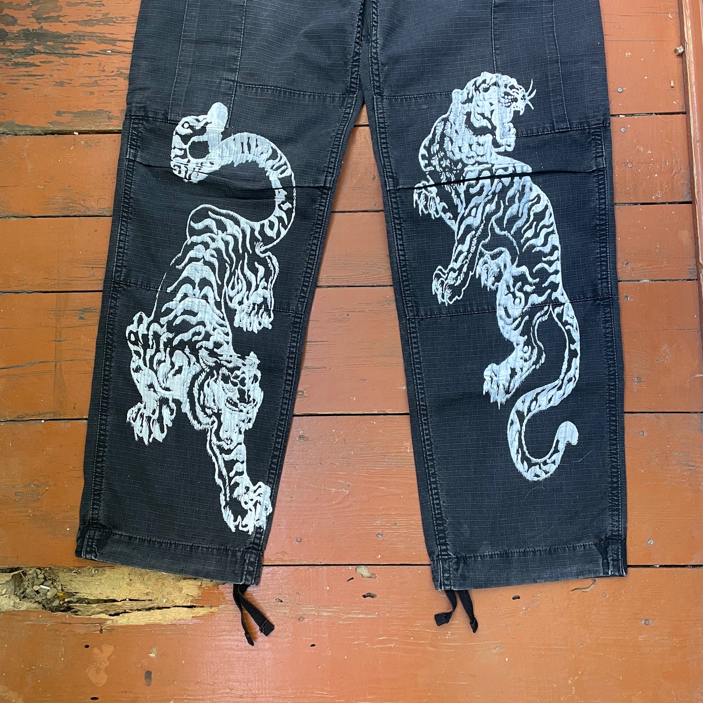Custom Carhartt Black Cargo Pants – White Twin Tigers Print | Vintage Workwear 1 of 1