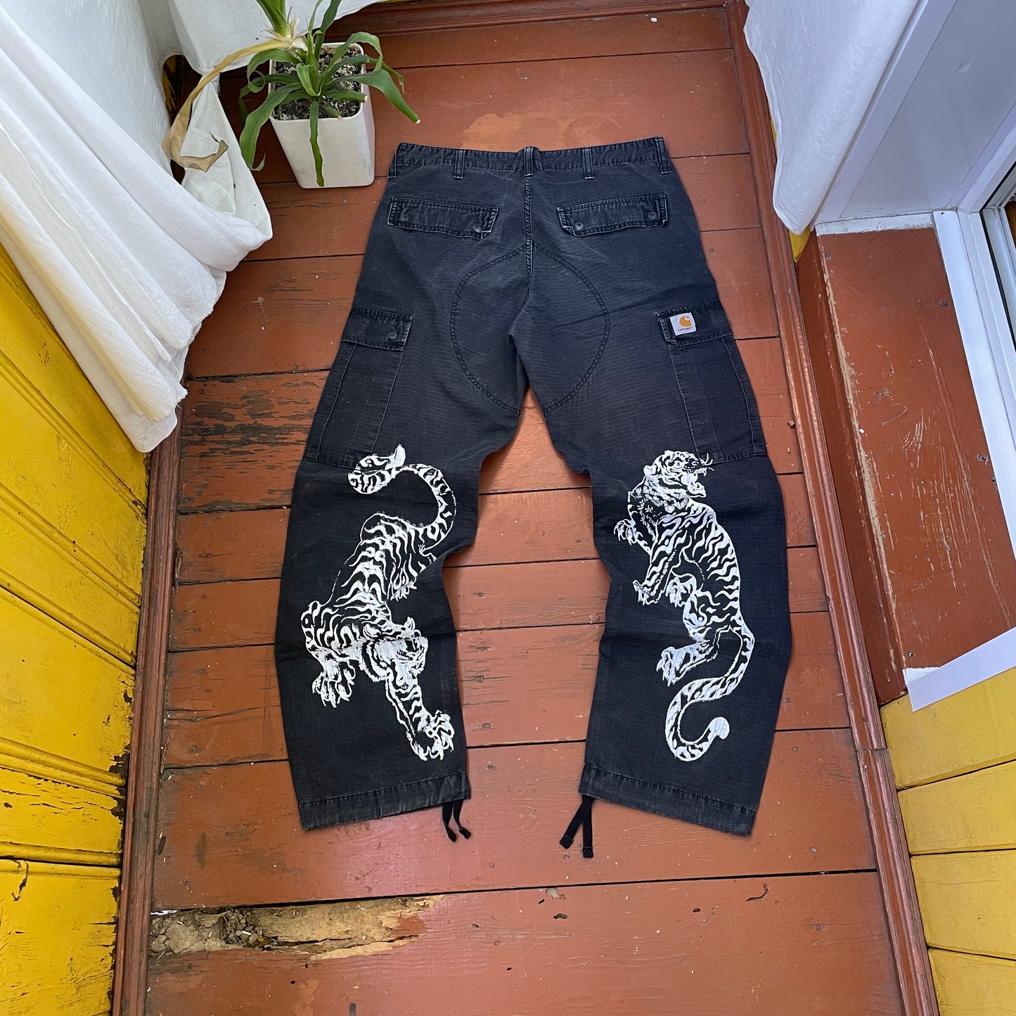 Custom Carhartt Black Cargo Pants – White Twin Tigers Print | Vintage Workwear 1 of 1