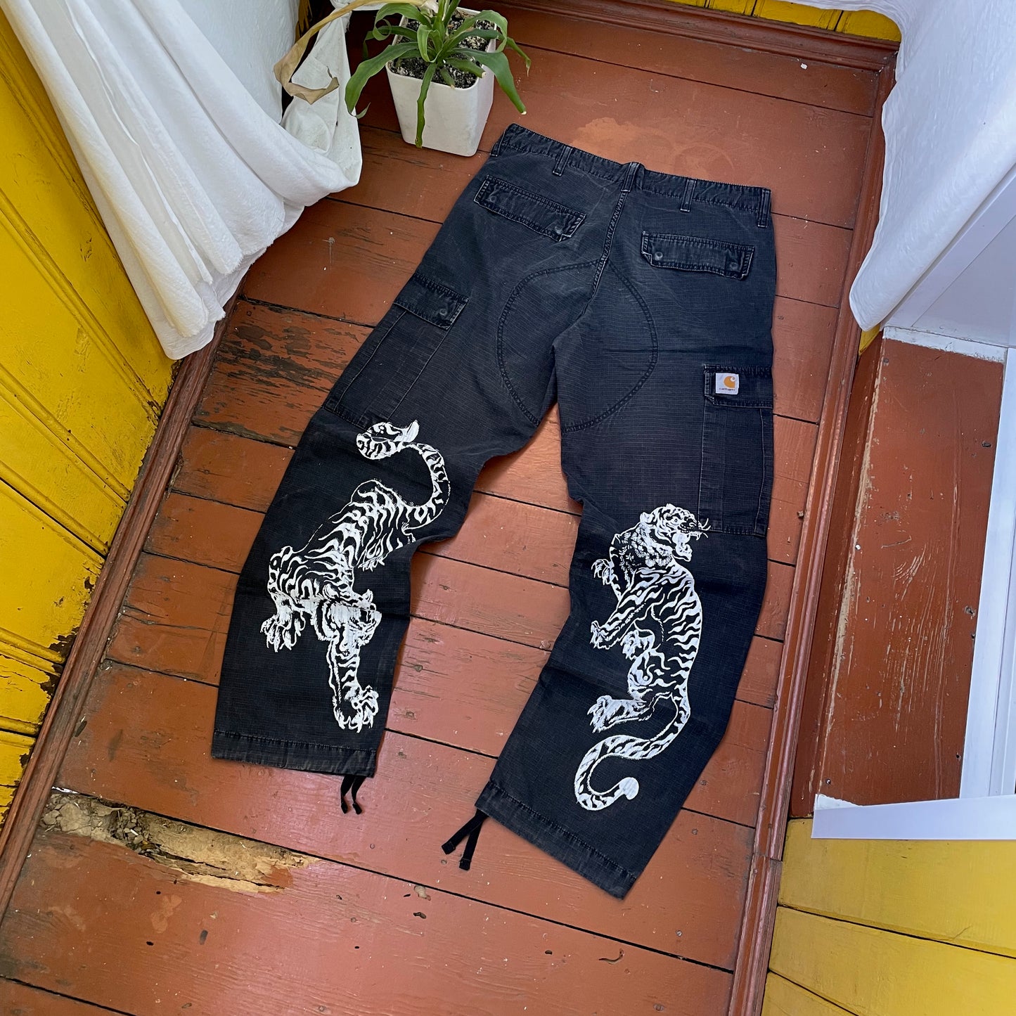 Custom Carhartt Black Cargo Pants – White Twin Tigers Print | Vintage Workwear 1 of 1