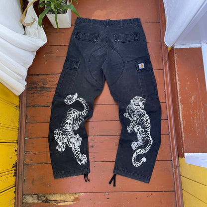 Custom Carhartt Black Cargo Pants – White Twin Tigers Print | Vintage Workwear 1 of 1