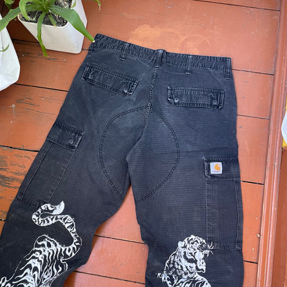 Custom Carhartt Black Cargo Pants – White Twin Tigers Print | Vintage Workwear 1 of 1
