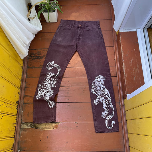 Custom Carhartt Brown Pants – White Twin Tigers Print | Vintage Workwear 1 of 1